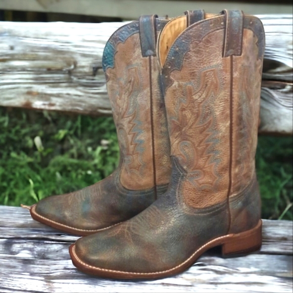 BOULET Boots #4071 mens 9E cowboy boots distressed Tan/Turqueza square toe EUC - Picture 1 of 13